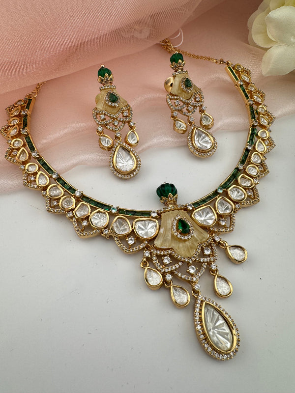 Kundan, Moissanite, MOP, CZ Flexible Gold necklace set, Indian Bridal Jewelry