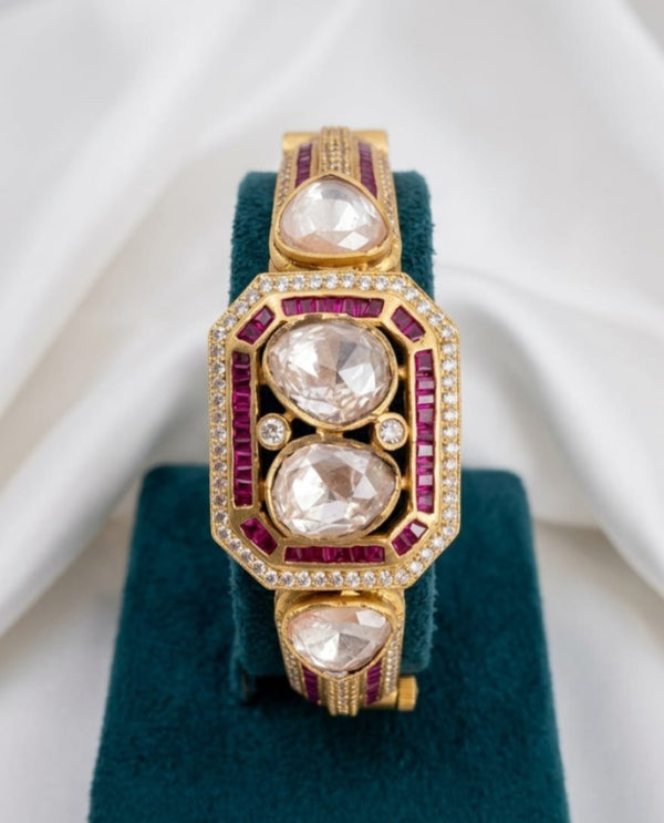 Moissanite Kundan, CZ Openable Bracelet Bangle, Gold Polish (Fits 2.6" wrists)