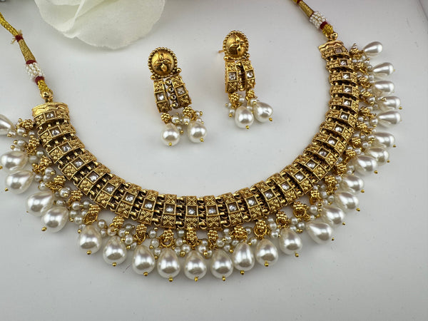 Rajwadi kundan Pearls Gold necklace set with earrings, Indian Bridal Jewelry set