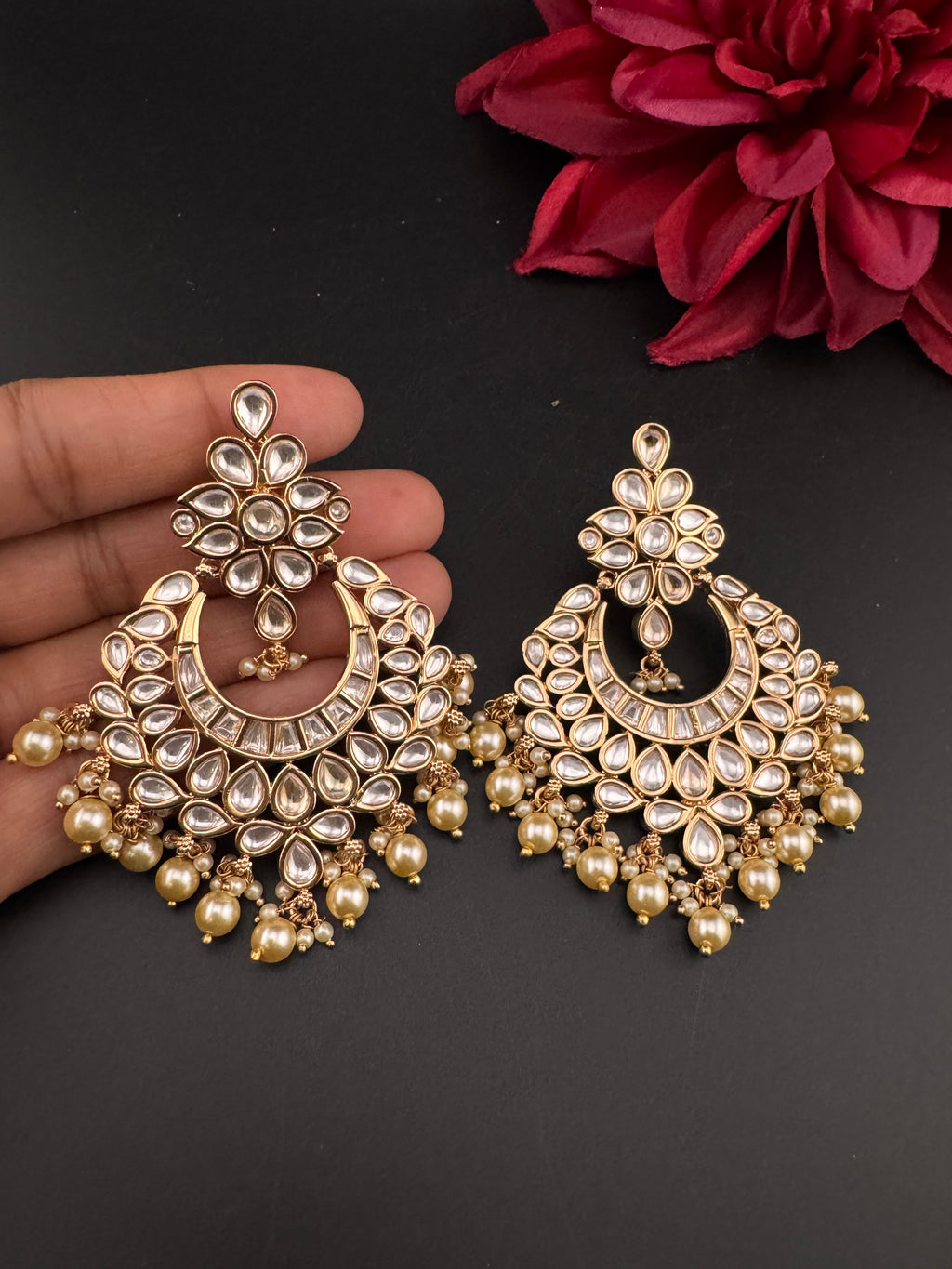 White and Gold Kundan, Pearls Chandelier Earrings, High shine Bridal, Moissanite ,CZ, Designer jewelry