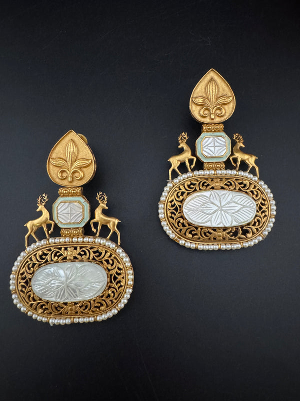 Antique Gold, Enamel, Mother of Pearl Chandbali Dangle Earrings, Amrapali inspired Designer jewelry