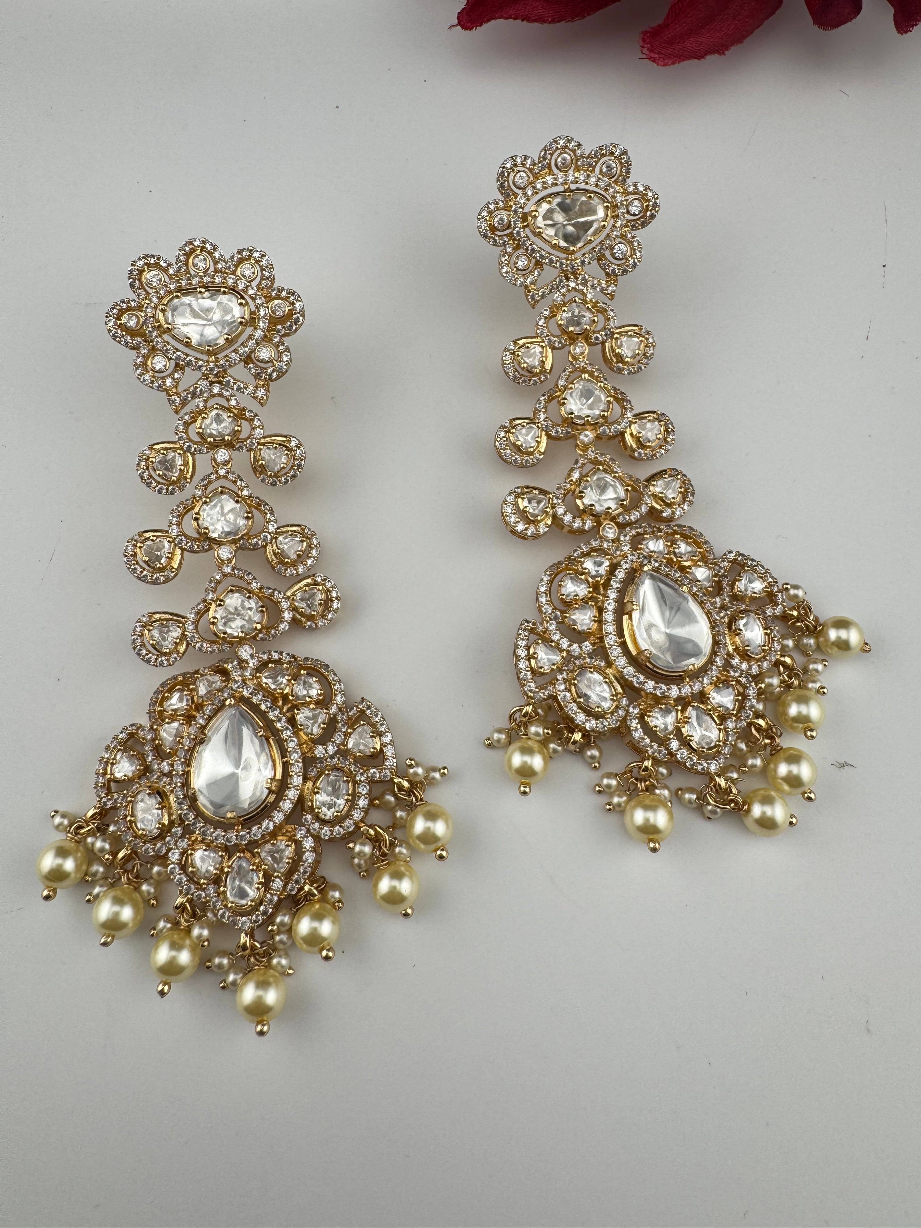 White and Gold Kundan, Pearls Chandelier Long Earrings, Bridal, Moissanite, CZ, Designer jewelry