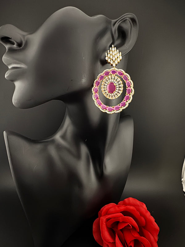 Premium Stones, Cubic Zirconia in gold color is designer Inspired Statement Big Circular Dangle earring/Indian, Bridal, bridesmaid gift