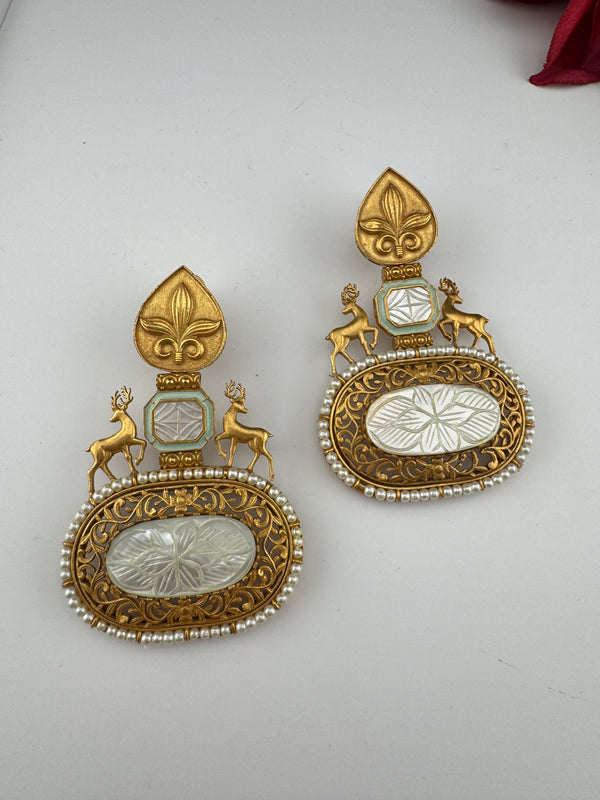 Antique Gold, Enamel, Mother of Pearl Chandbali Dangle Earrings, Amrapali inspired Designer jewelry