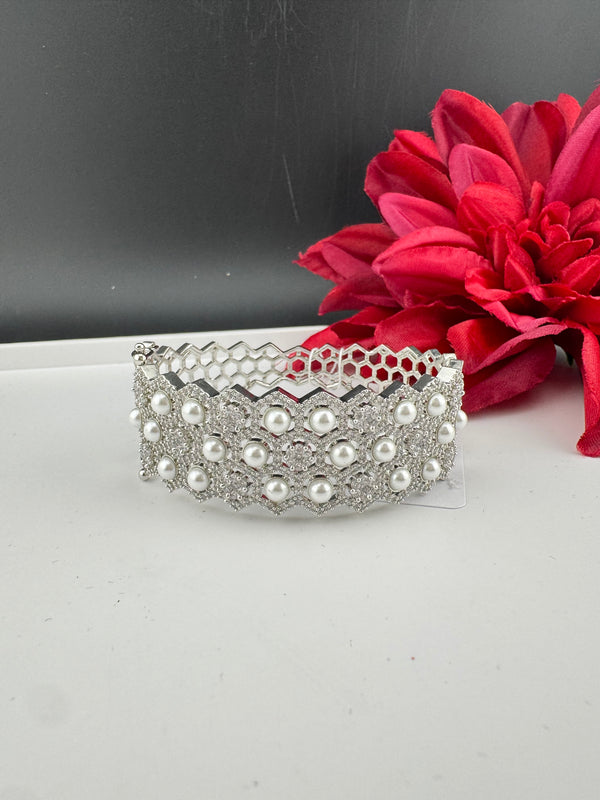 Openable Designer bracelet with Pearls, crystal stones, CZ Nano setting, Fits size upto 2.6"