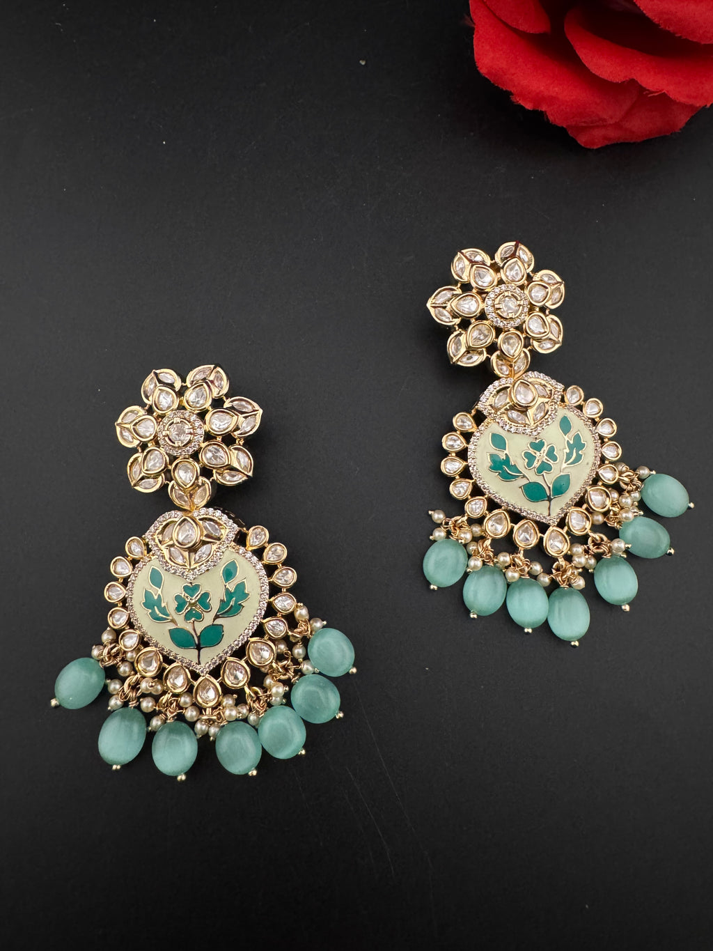 Enamel and Gold Kundan Chandelier Long Earrings, High shine Bridal Moissanite CZ, Designer Earrings