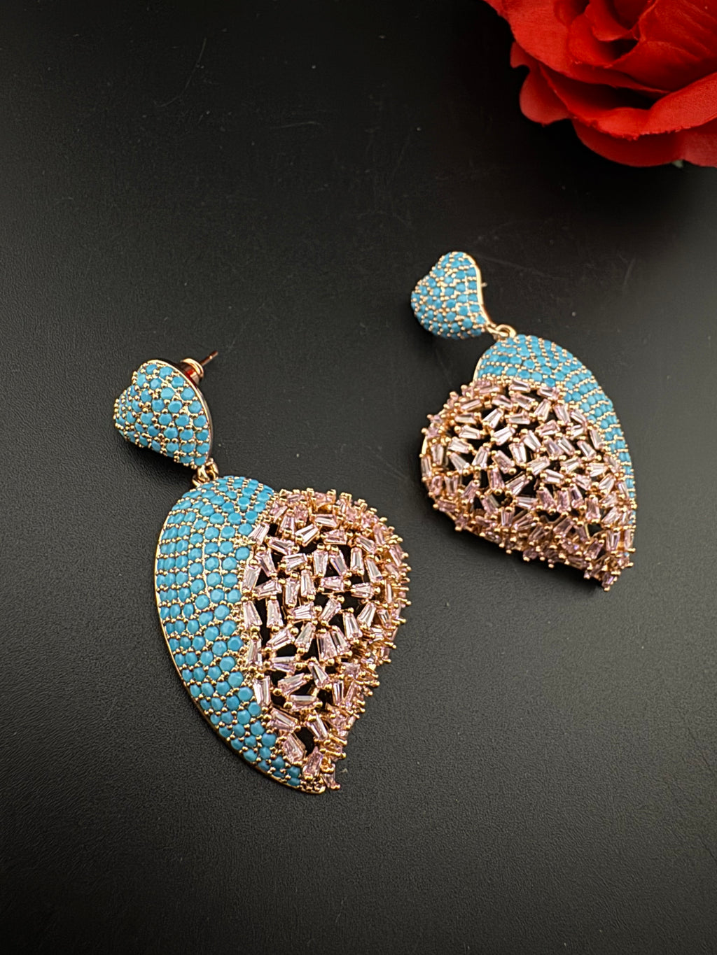 Premium Nano Setting Multicolor Cubic Zirconia, Crystal stones in Unique setting is designer Inspired Statement Heart shaped earrings