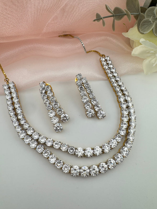 Crystals and CZ Diamond 2 layer gold Necklace Set, Gold Plated Bridal jewelry