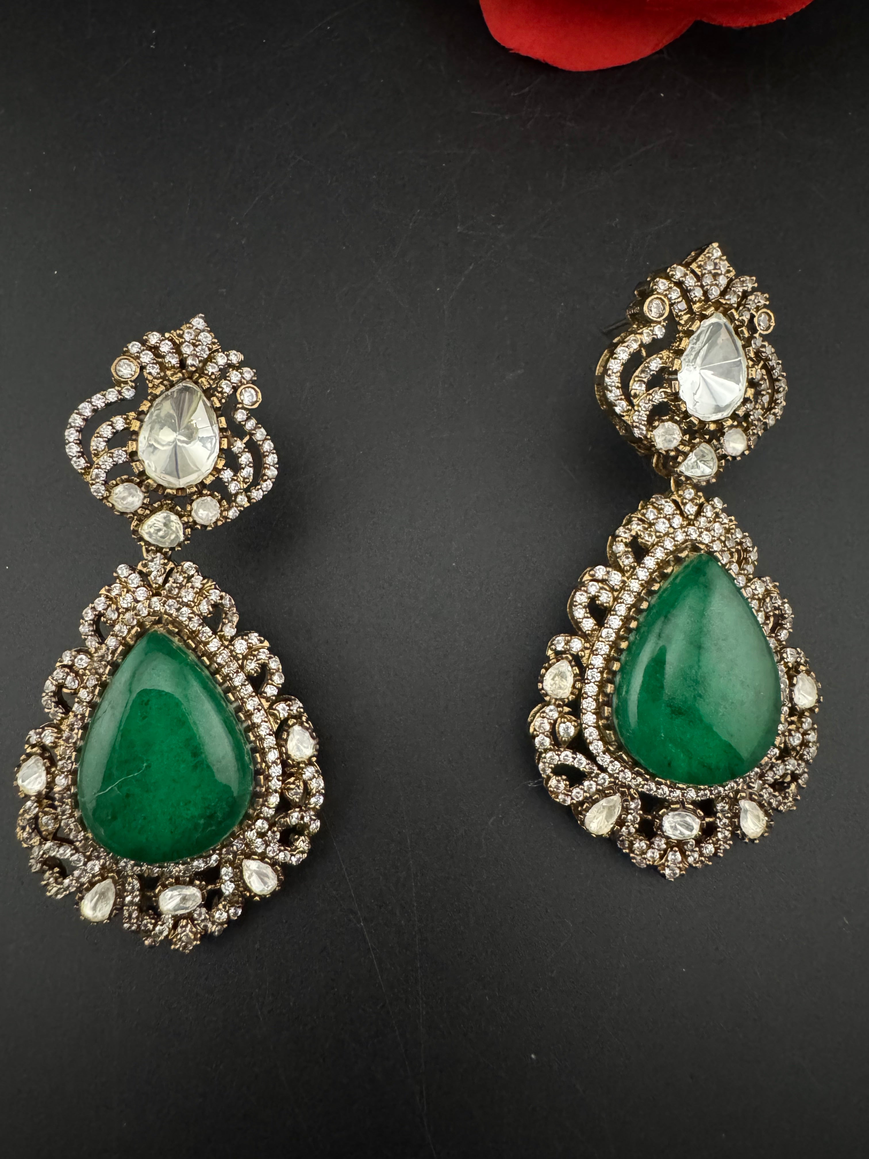Green and Gold Kundan, Doublet Stone Chandelier Long Earrings, Bridal, Moissanite, CZ, Designer jewelry