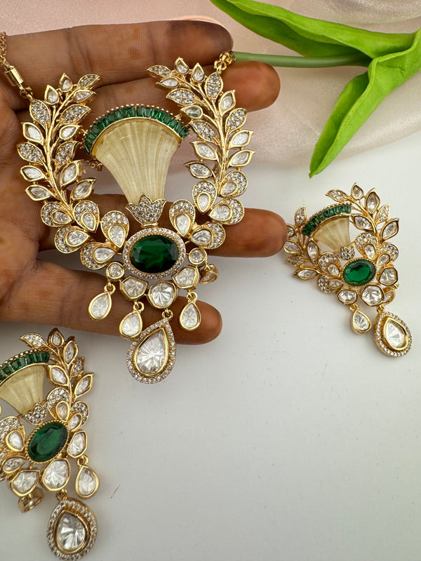 Kundan, CZ, MOP, Stone, Uncut Polki Long Pendant necklace set, Pendant set, everyday wear jewelry