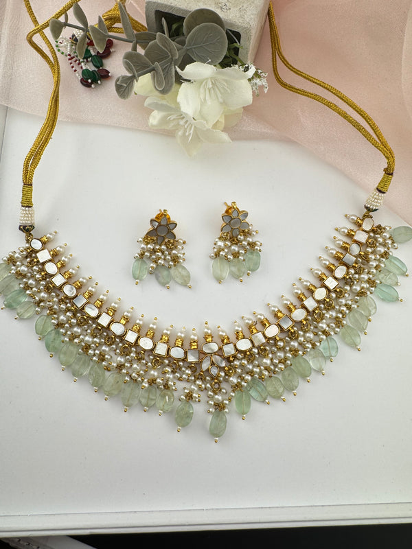 Doublet stone, Mother Of Pearls, pearls Flexible Gold necklace set, Indian Bridal Jewelry