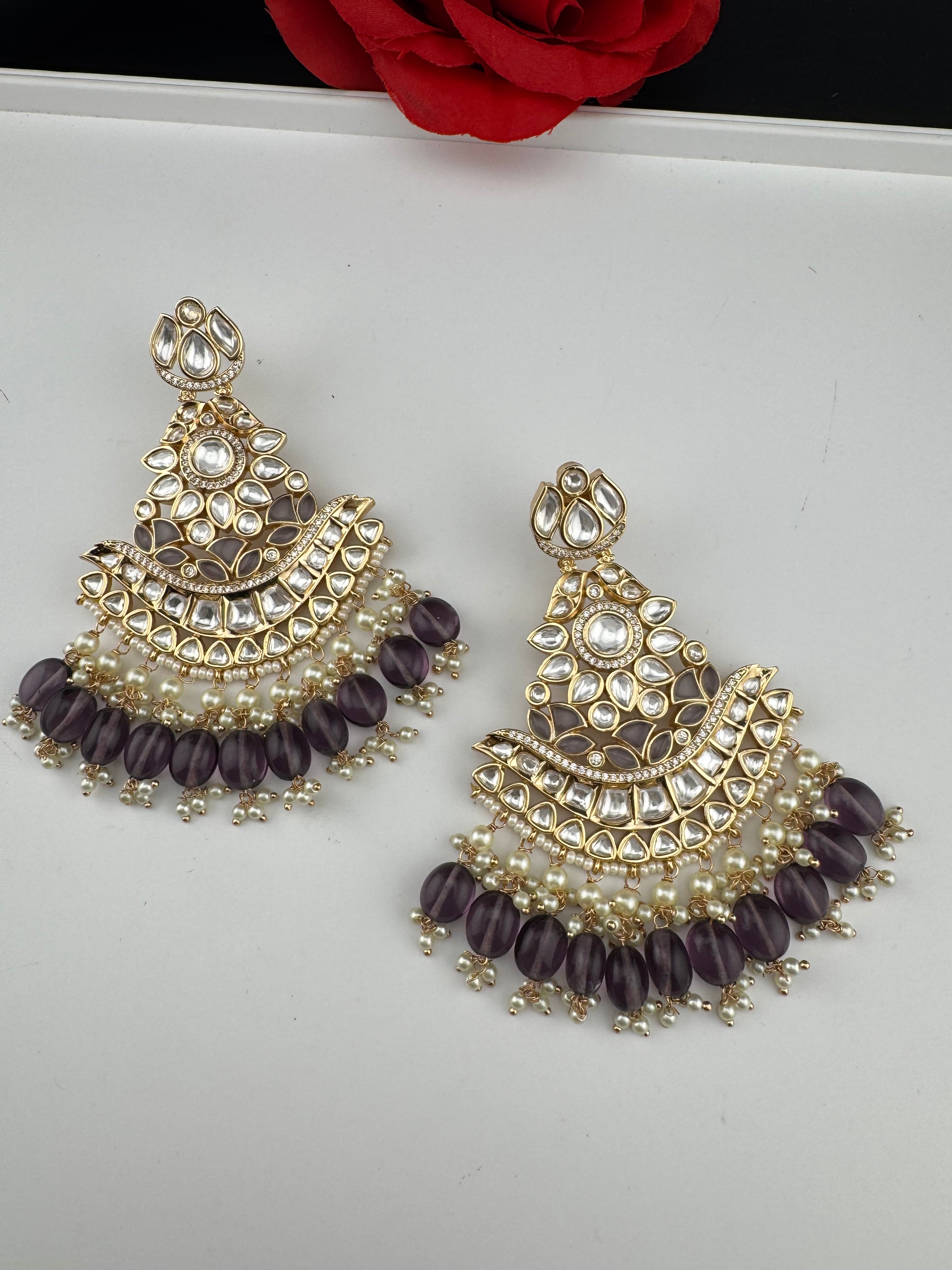 Purple and Gold Kundan Chandelier Earrinngs, High shine Bridal Moissanite CZ, Shiney Gold Designer