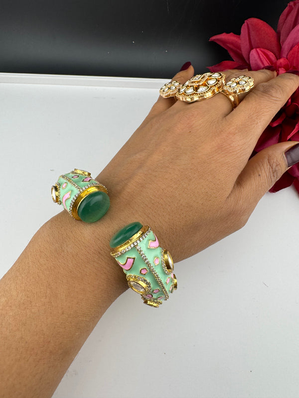 Moissanite Kundan, Enamel, CZ Adjustable Bracelet Bangle Kada, Gold Polish Designer Bangle