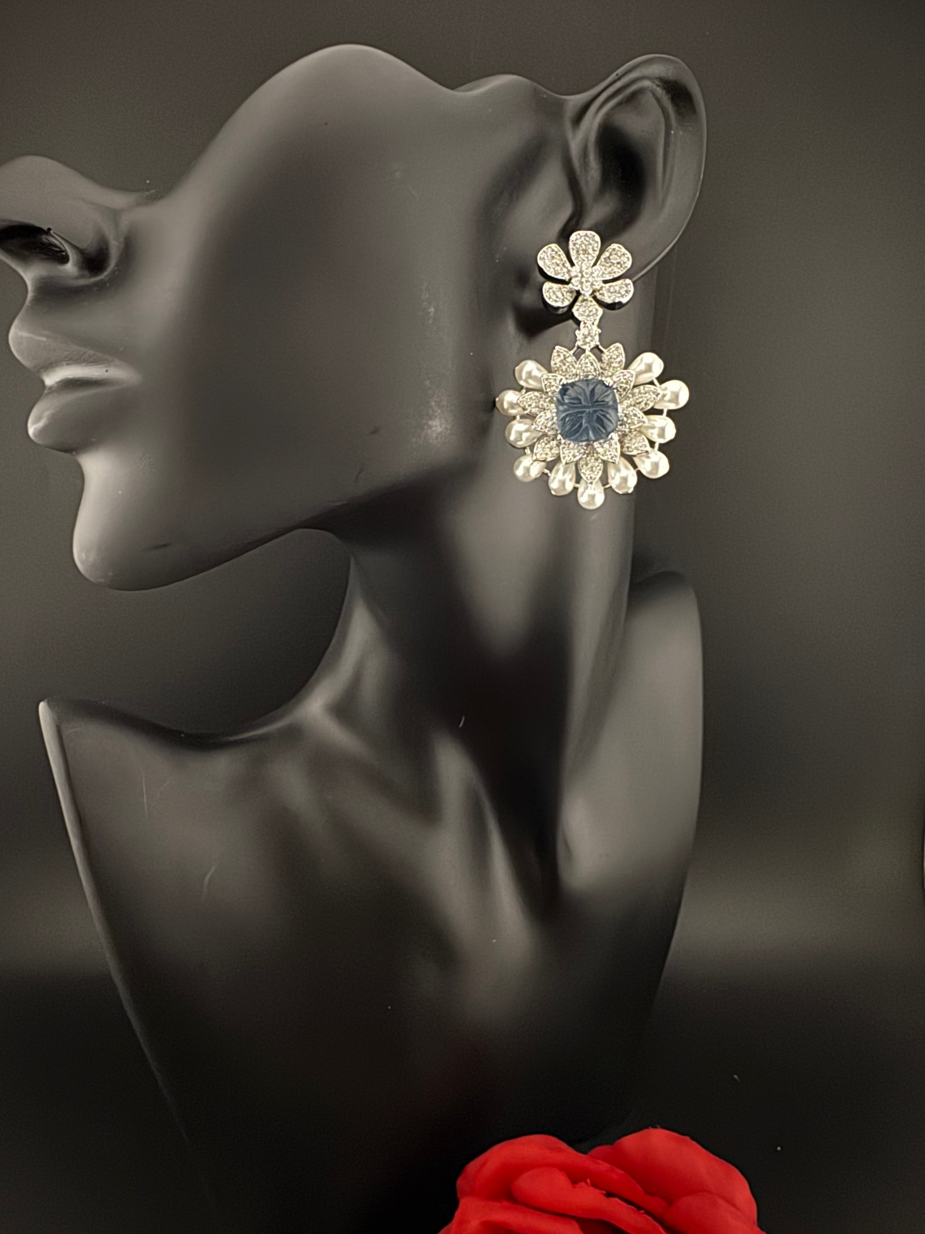 Premium Nano Setting Cubic Zirconia Carved Stone Pearls Drop earrings in unique 3D shape, stylish, Statement earring/Bridal Bridesmaid gift