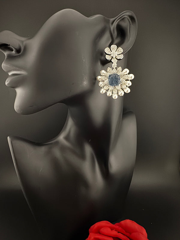 Premium Nano Setting Cubic Zirconia Carved Stone Pearls Drop earrings in unique 3D shape, stylish, Statement earring/Bridal Bridesmaid gift