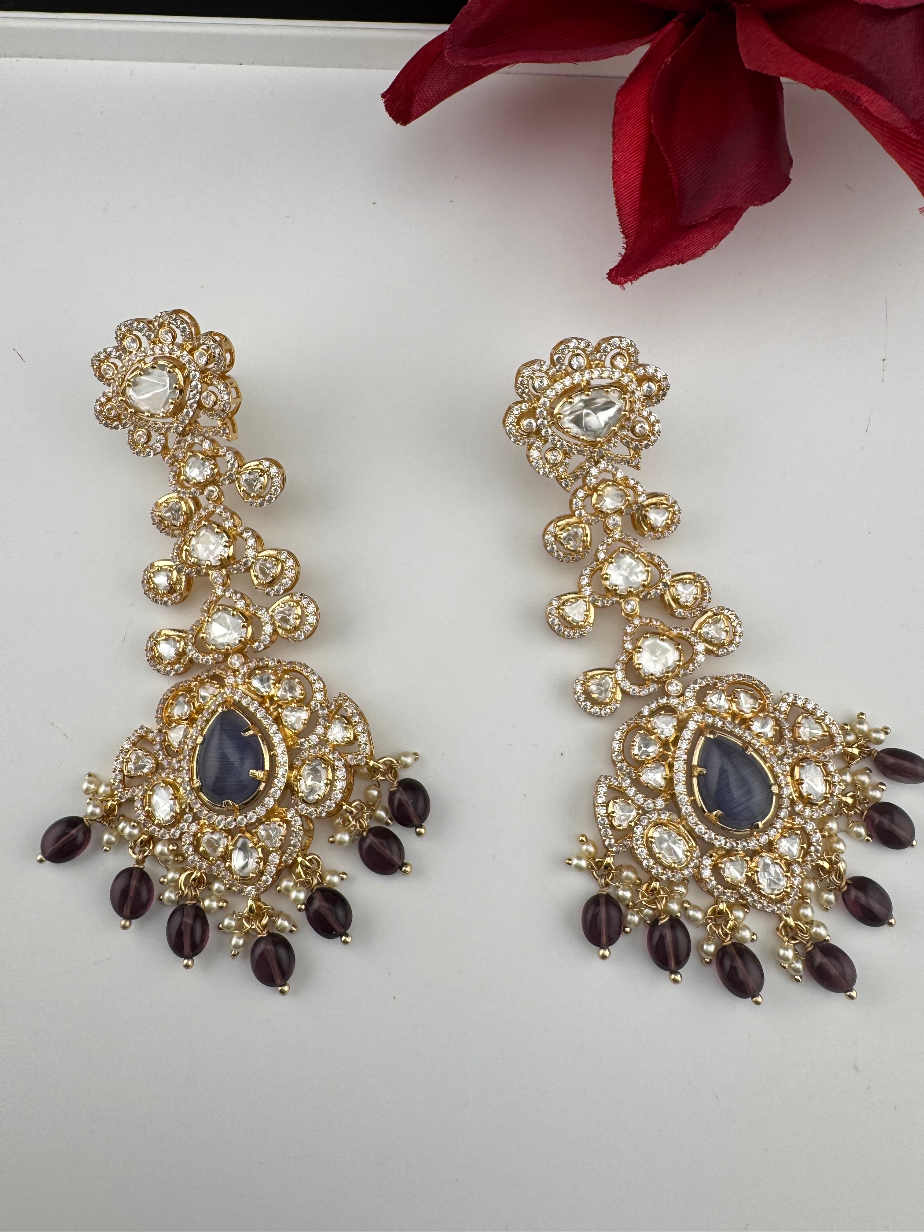 White and Gold Kundan, Pearls Chandelier Long Earrings, Bridal, Moissanite, CZ, Designer jewelry