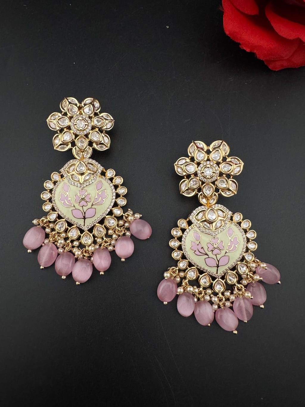 Enamel and Gold Kundan Chandelier Long Earrings, High shine Bridal Moissanite CZ, Designer Earrings