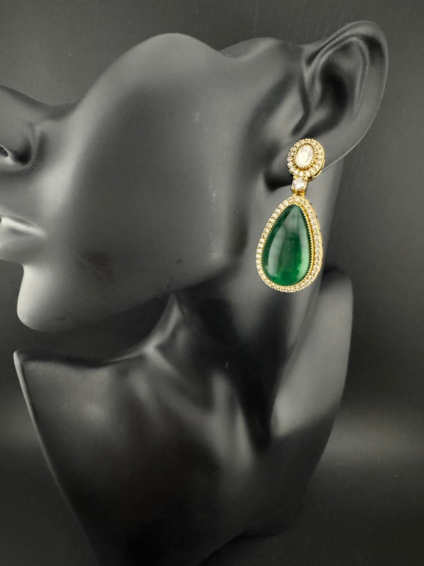 Green and Gold Kundan, Stone Chandelier Drop Earrings, Bridal, Moissanite, CZ, Designer jewelry