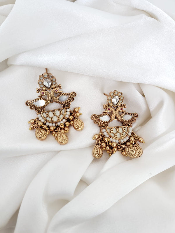 MOP, Enamel, Kundan, Gold long Peacock necklace set, Rani Haar, Indian Bridal Jewelry