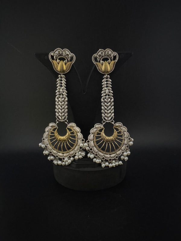 Oxidized Silver and Gold ChandBali Very long Earrings, designer jewelry