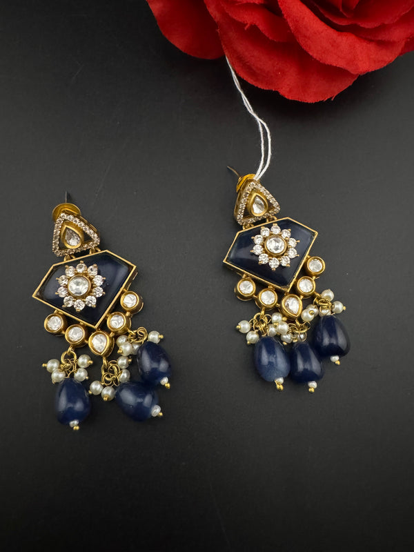 Gold Kundan, CZ, Stone, Pearls Chandelier Drop Earrings, Bridal Designer jewelry