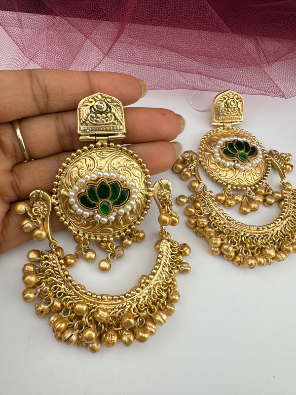 Kashmiri style, brass, stone and pearls chandbali oversized earrings, Indian Jewelry