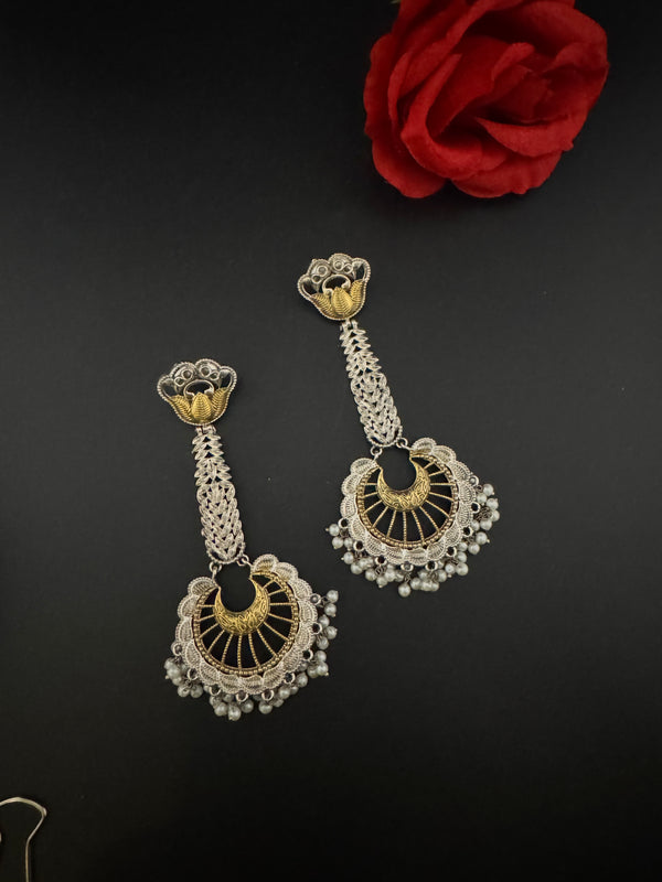 Oxidized Silver and Gold ChandBali Very long Earrings, designer jewelry