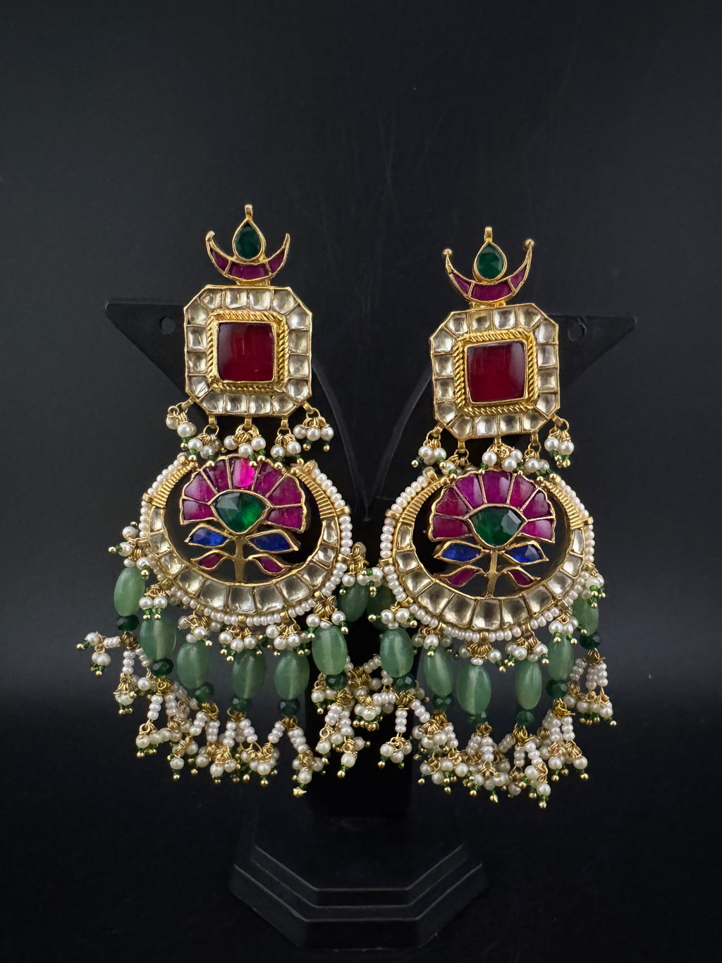 Multicolor pacchi Kundan stones Pearls Oversized Chandelier Long Earrings, Bridal, Designer jewelry