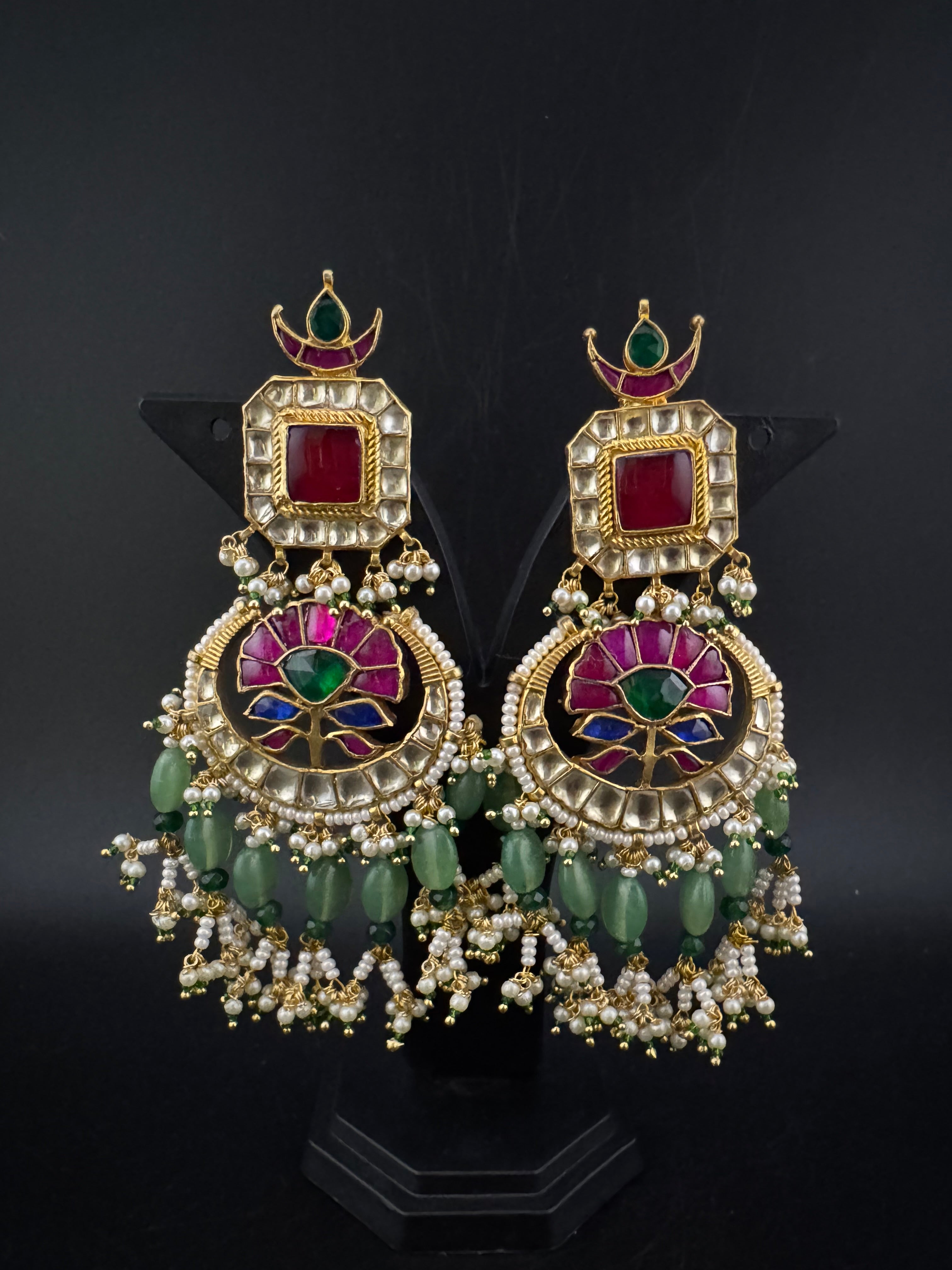 Multicolor pacchi Kundan stones Pearls Oversized Chandelier Long Earrings, Bridal, Designer jewelry
