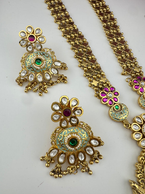 Rajwadi Kundan Enamel Stones Gold Necklace Set, Indian Bridal Rani Haar