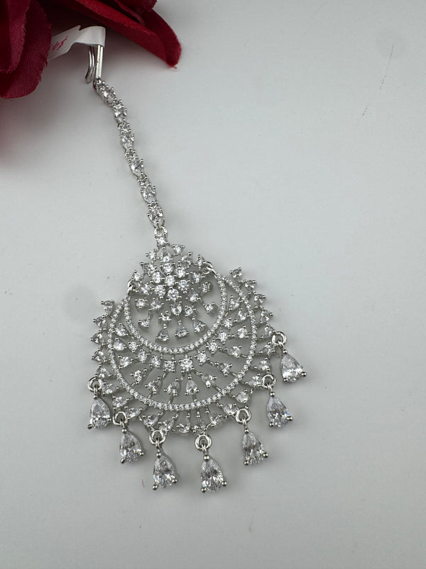 Silver Cubic Zirconia/Diamond Tikka, Indian Maang Tikka, Headpiece, Bridal jewelry