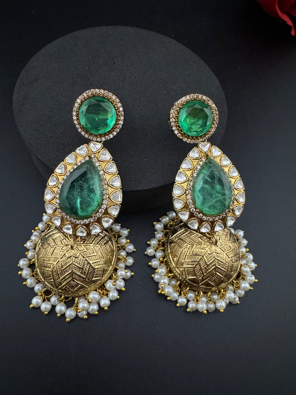 Amrapali Inspired Kundan, Doublet Stone, Pearls Long Jhumka Earrings, Matt Gold Designer Jewelry