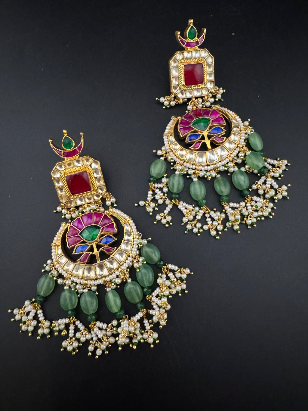 Multicolor pacchi Kundan stones Pearls Oversized Chandelier Long Earrings, Bridal, Designer jewelry