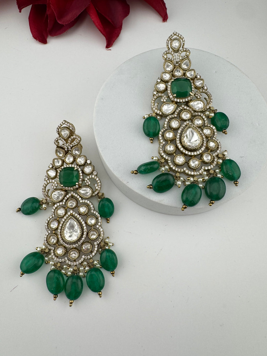 Green and Gold Kundan, Pearls Chandelier Long Earrings, Bridal, Moissanite, CZ, Designer jewelry