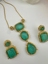 Doublet Stone Pendant Necklace Set with Matching Earrings, Brass CZ Jewelry