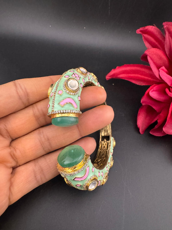 Moissanite Kundan, Enamel, CZ Adjustable Bracelet Bangle Kada, Gold Polish Designer Bangle