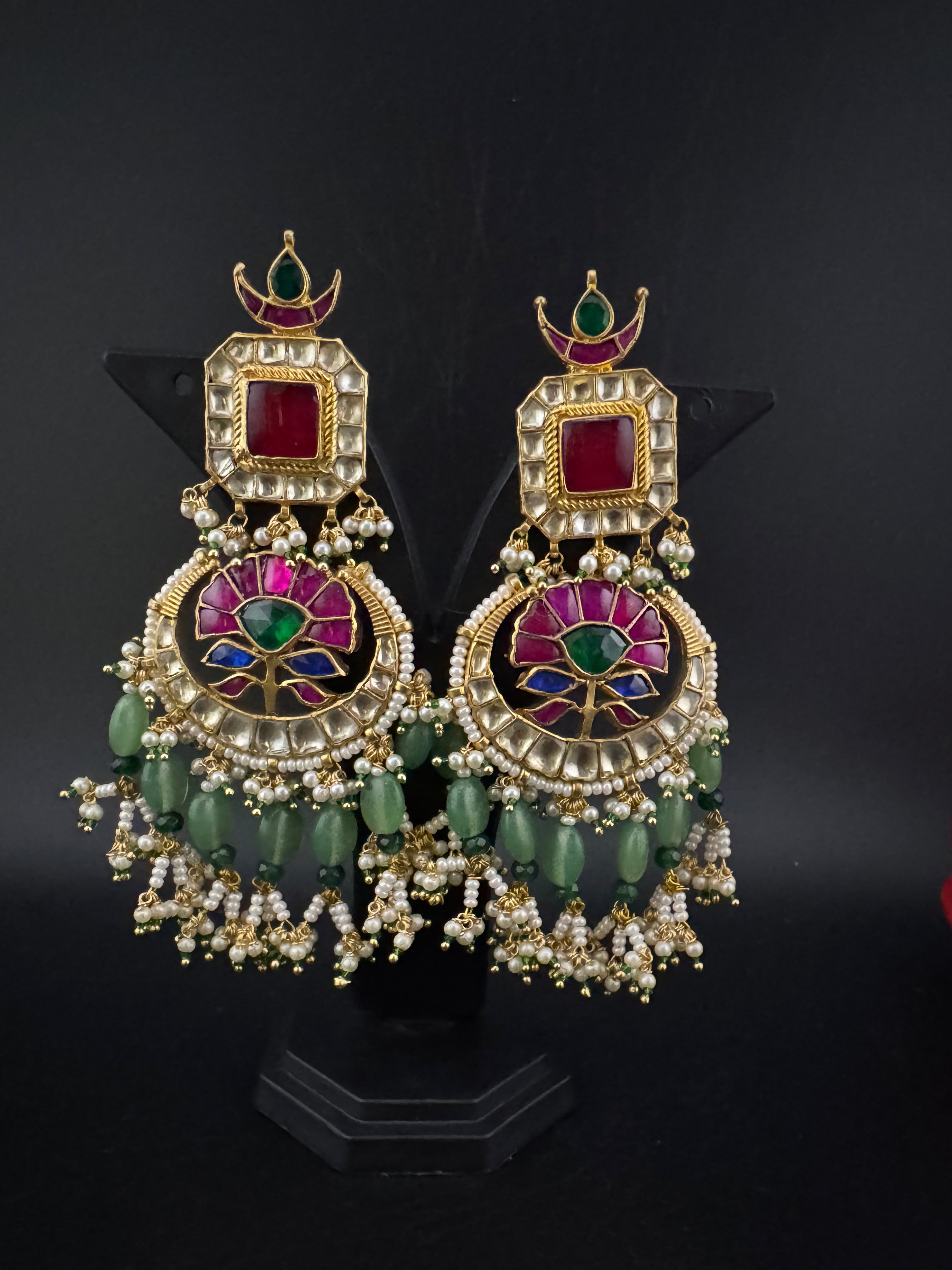 Multicolor pacchi Kundan stones Pearls Oversized Chandelier Long Earrings, Bridal, Designer jewelry