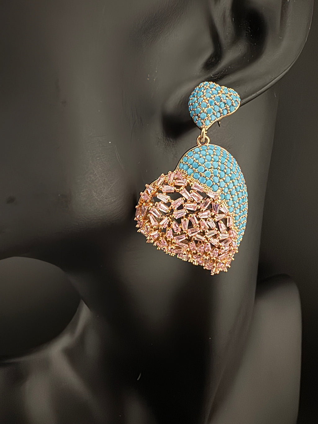 Premium Nano Setting Multicolor Cubic Zirconia, Crystal stones in Unique setting is designer Inspired Statement Heart shaped earrings