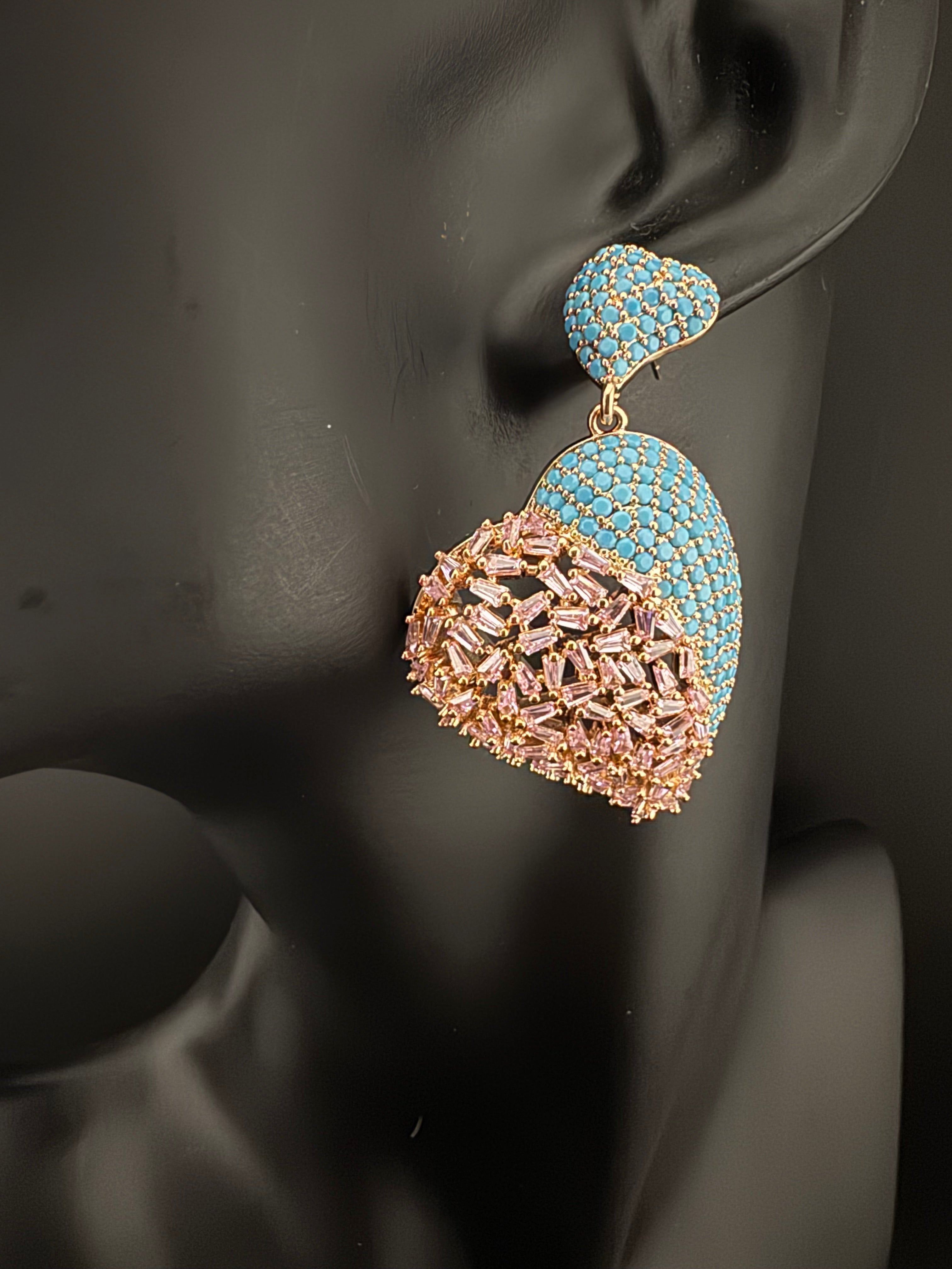 Premium Nano Setting Multicolor Cubic Zirconia, Crystal stones in Unique setting is designer Inspired Statement Heart shaped earrings