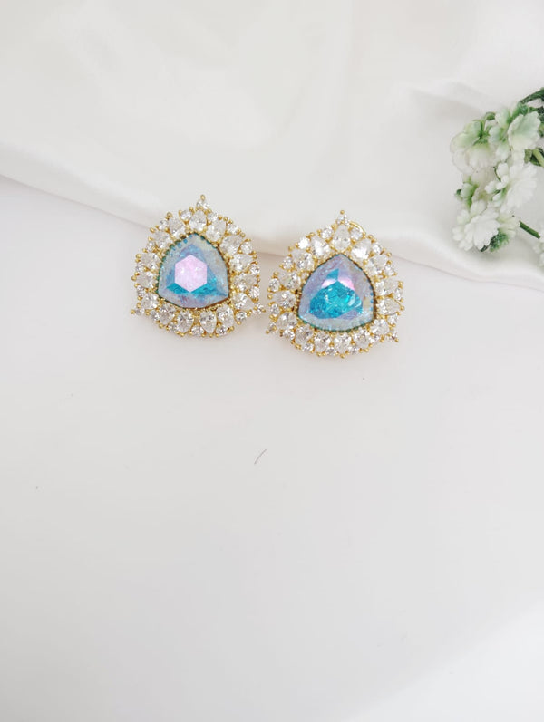 Gold Polish Crystal Stone Stud Earrings, Cubic Zirconia, AD, CZ, Indian Jewelry
