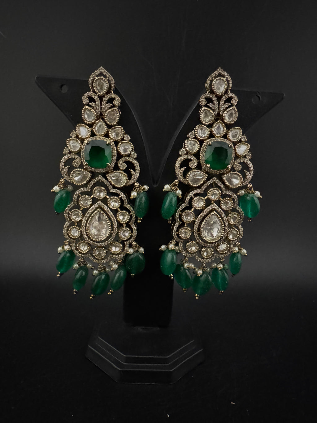 Green and Gold Kundan, Pearls Chandelier Long Earrings, Bridal, Moissanite, CZ, Designer jewelry