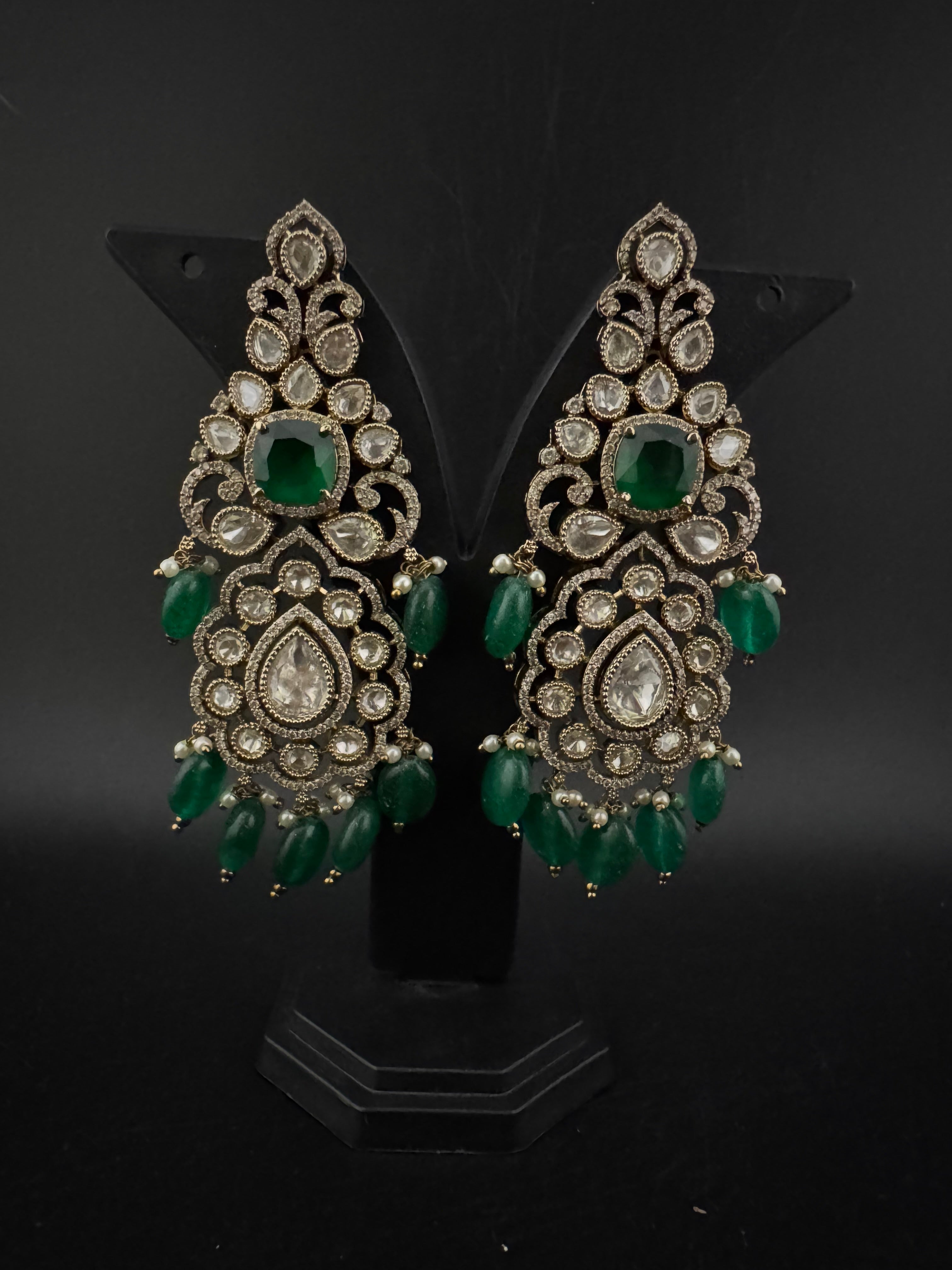 Green and Gold Kundan, Pearls Chandelier Long Earrings, Bridal, Moissanite, CZ, Designer jewelry