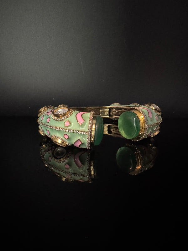 Moissanite Kundan, Enamel, CZ Adjustable Bracelet Bangle Kada, Gold Polish Designer Bangle