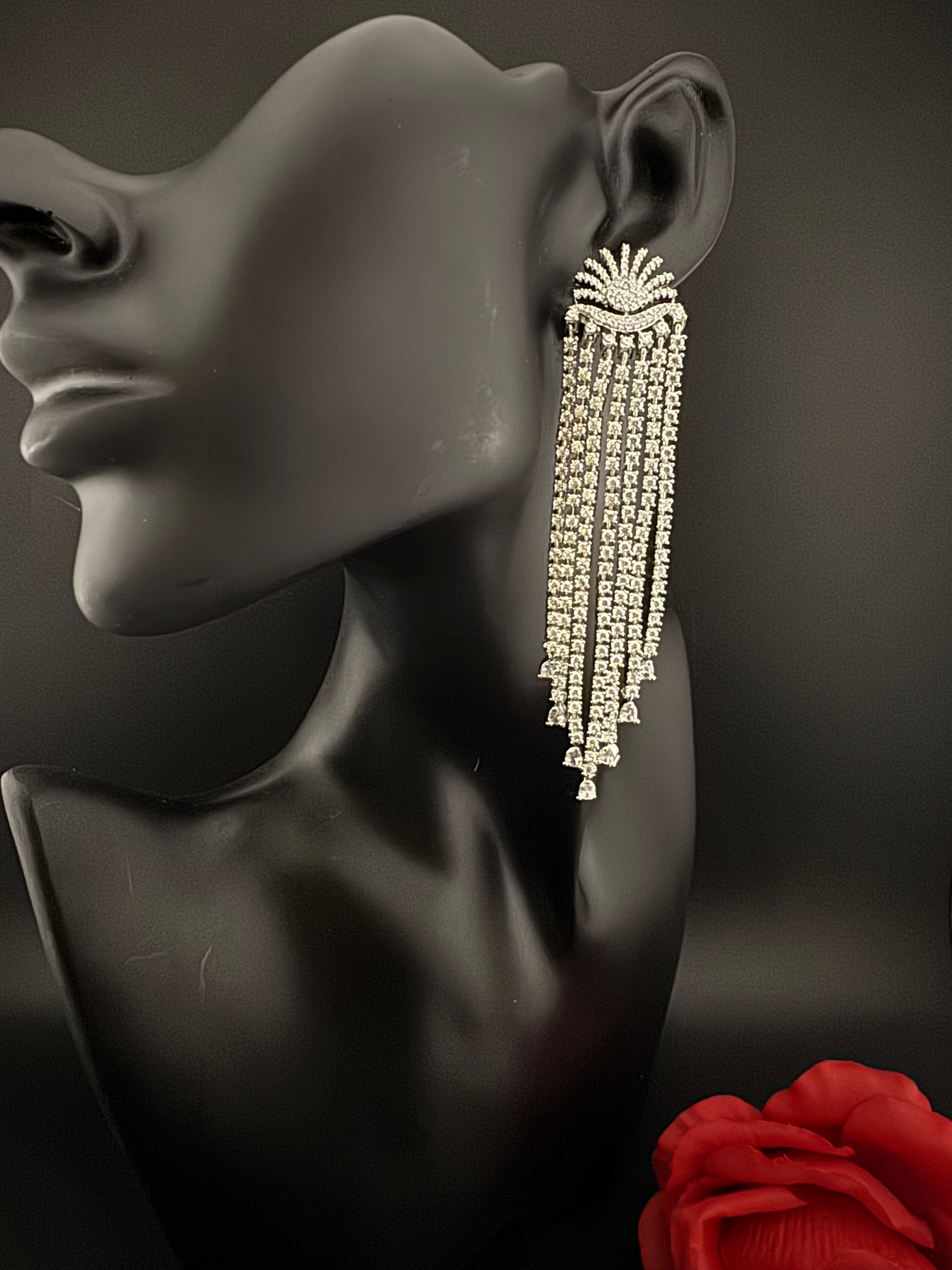 Premium Cubic Zirconia Chandelier extra long earrings, sun style long CZ tassel, Statement Long earring, Bridal, Party, Wedding jewelry