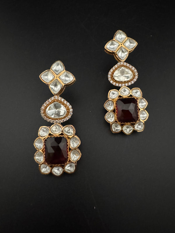 Red and Gold Kundan, Stone Chandelier Drop Earrings, Bridal, Moissanite, CZ, Designer jewelry