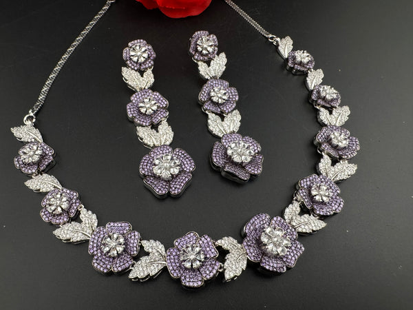 Nano Setting CZ Diamond Statement Necklace Set, White Gold Plated Choker set, nature inspired