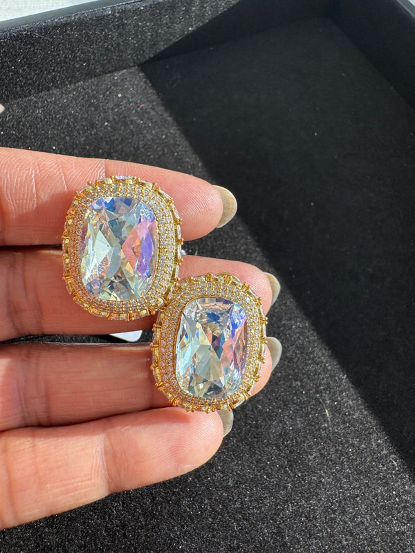 Gold Polish Crystal Stone Stud Earrings, All over Cubic Zirconia, AD, CZ, Indian Jewelry