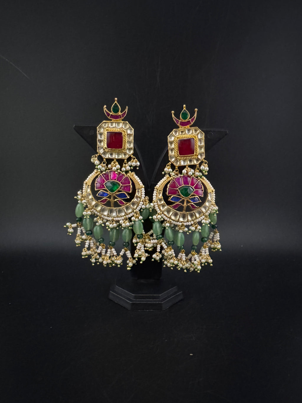 Multicolor pacchi Kundan stones Pearls Oversized Chandelier Long Earrings, Bridal, Designer jewelry
