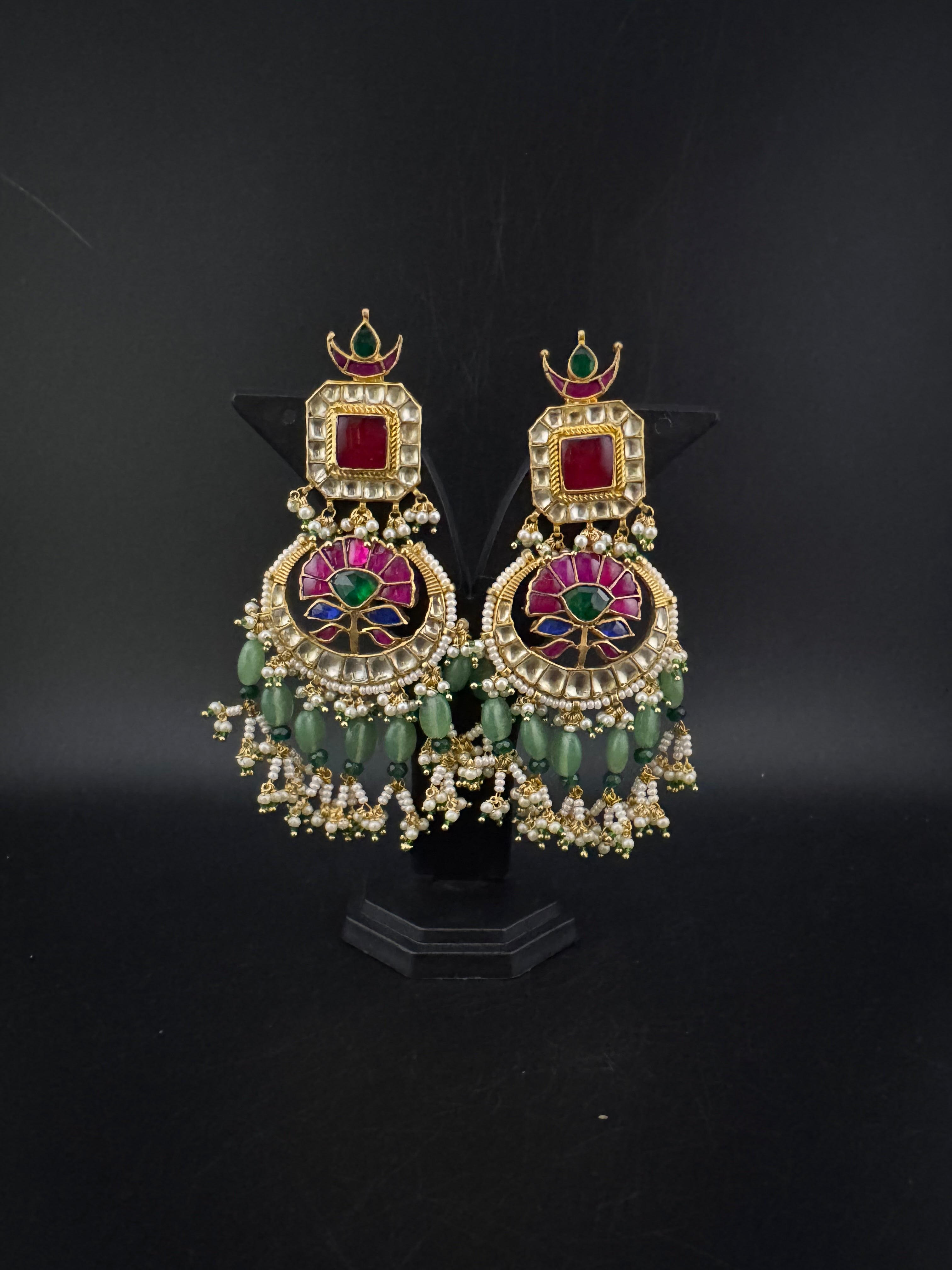 Multicolor pacchi Kundan stones Pearls Oversized Chandelier Long Earrings, Bridal, Designer jewelry