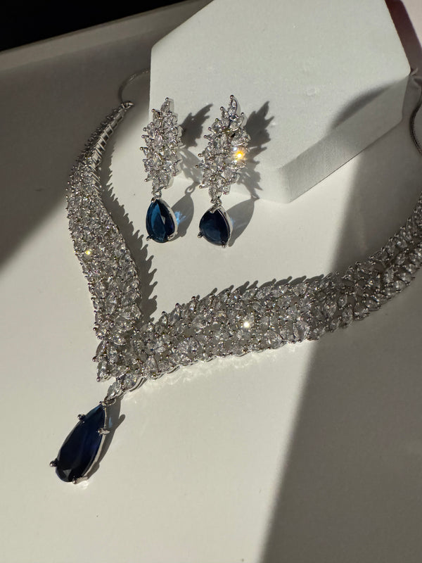 CZ Diamond Statement Necklace Set, White Gold Plated Choker